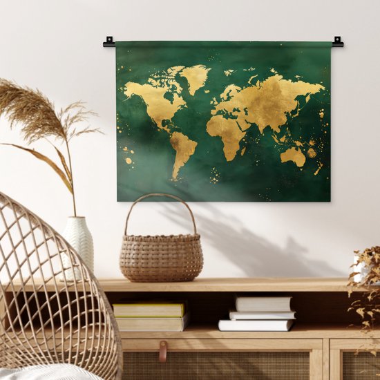 Wandkleed 60x45 cm - Wanddoek Wereldkaart - Groen - Goud - Wandtapijt - Wandkleden