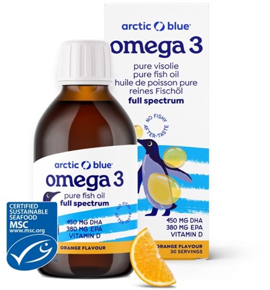 Arctic Blue - Omega 3 Visolie - 450 mg DHA + 380 mg EPA - Met Vit D - Sinaasappelsmaak - 30 doseringen - MSC Keurmerk