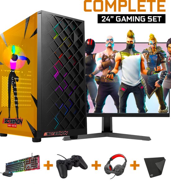 Gaming PC set met gele computerkast, monitor, toetsenbord, muis en controller. Diverse gamepersonages.