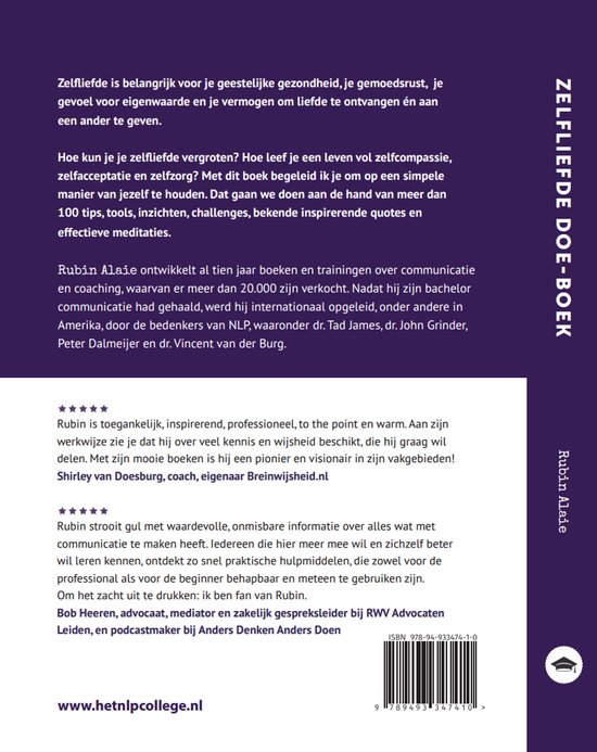 Achterkant van het Zelfliefde Doe-Boek met beschrijving van de inhoud en de auteur Rubin Alaie.
