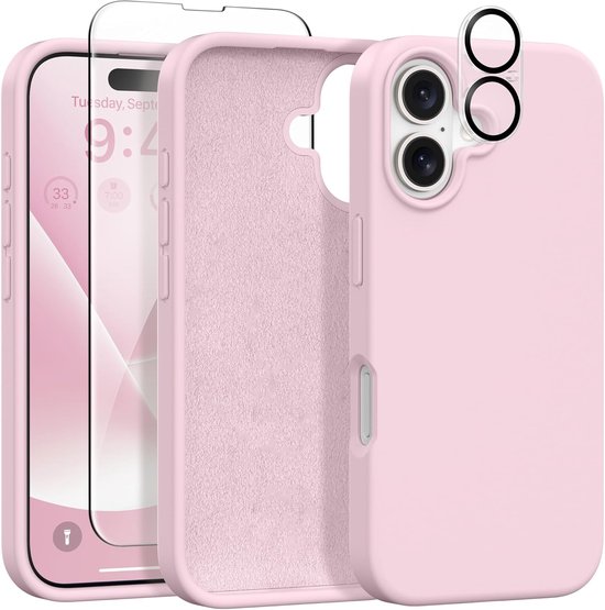 Coque Solid en silicone liquide souple au toucher et caoutchouc TPU Flexible + protection d'écran - Objectif de l'appareil photo - Compatible avec : iPhone 16 Plus - Rose clair