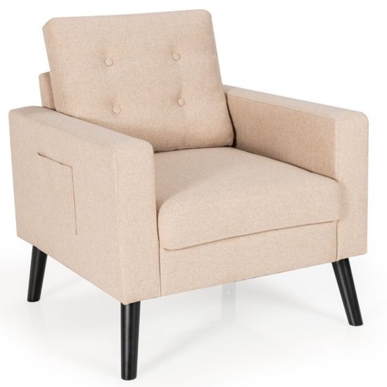Foto: Furnibella moderne wing chair comfortabele fauteuil met ruime zitdiepte zachte bekleding handige opbergvakken beige