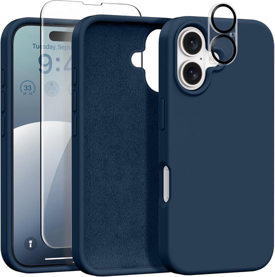 Coque Solid en silicone liquide souple au toucher et caoutchouc TPU Flexible + protection d'écran - Objectif de l'appareil photo - Compatible avec iPhone 16 - Blauw marine