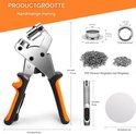 Afmetingen van grommettang (21,3 cm hoog, 14 cm breed) en accessoires: 500 ringen, perforator.