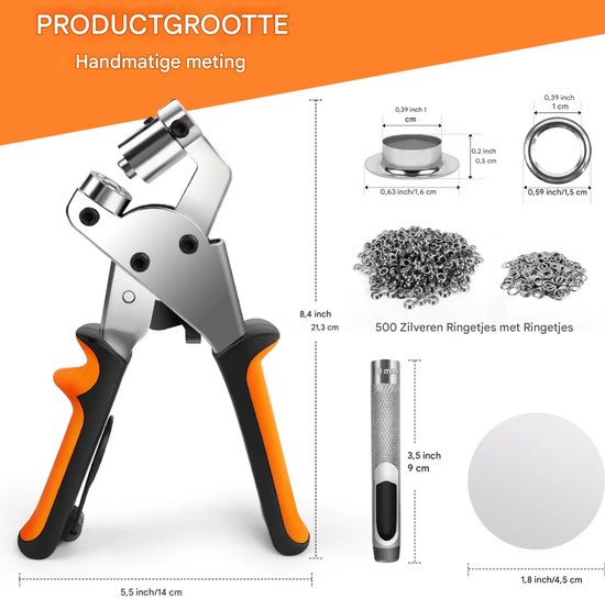 Afmetingen van grommettang (21,3 cm hoog, 14 cm breed) en accessoires: 500 ringen, perforator.