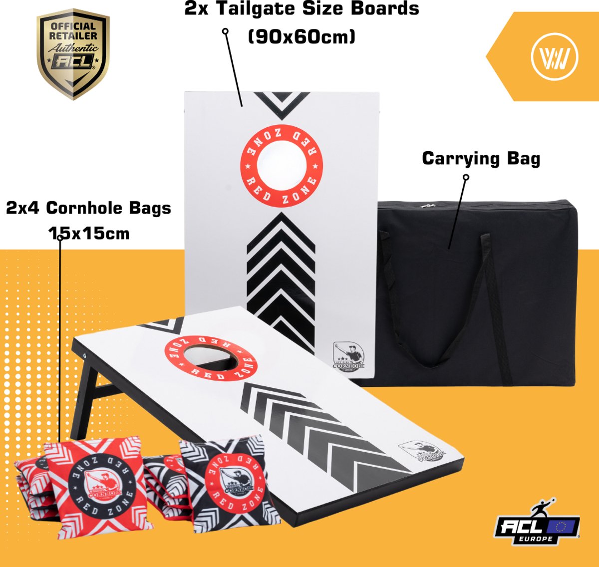 Wicked Wood Games – Cornhole Set “Red Zone” – 90x60 cm – Inclusief 2 Boards, 8 Zakjes en Draagtas – Officieel ACL Gecertificeerd — afbeelding 2