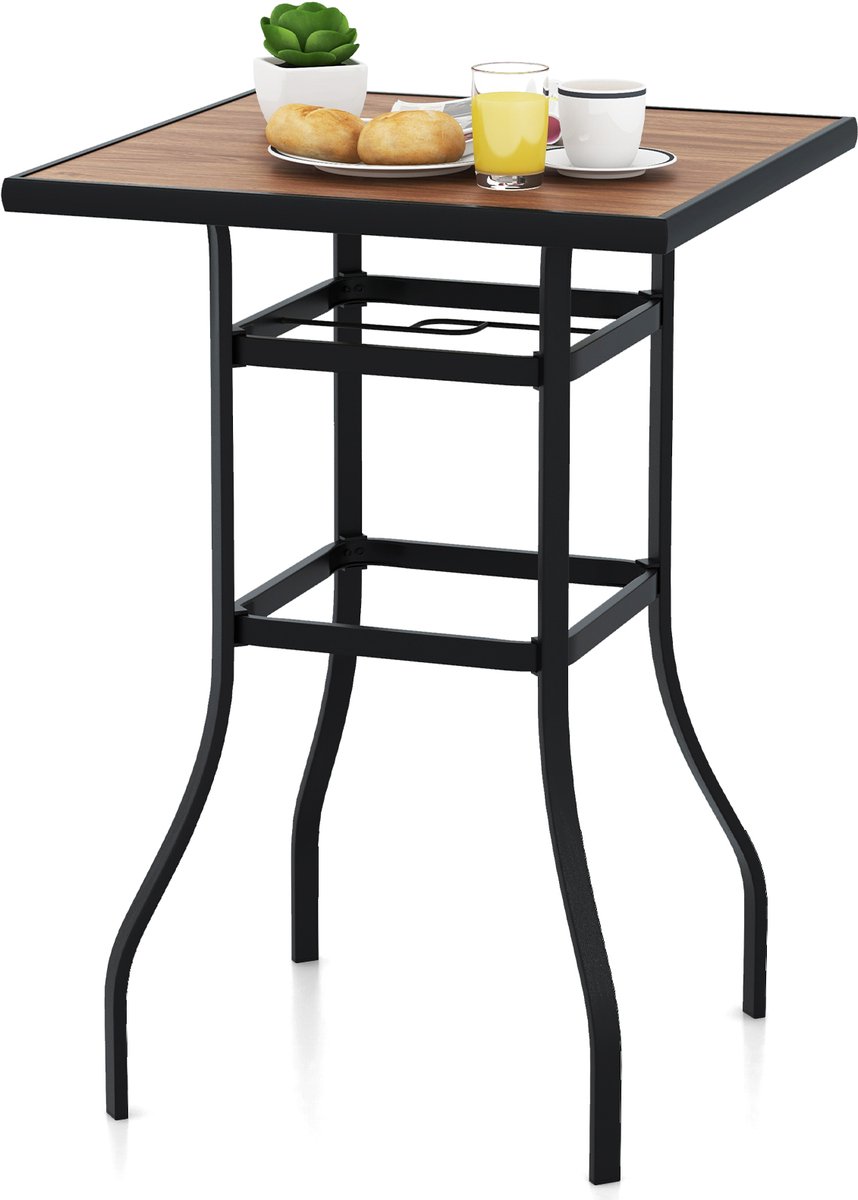 COSTWAY Bistrotafel met schermgat, tuintafel met tafelblad in houtlook, statafel, vierkante balkontafel voor tuin, achtertuin, balkon, 70 x 70 x 102 cm