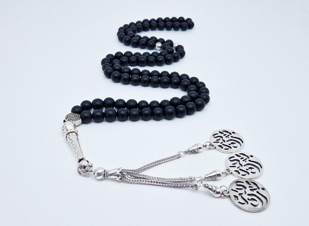Handgemaakte tesbih "Tasbih" natuursteen "Mat zwart onyx" - Aantal kralen 99 - Diameter kralen 8MM - met metaal tassel "Tabarak Allah" - Een mooi cadeau-idee
