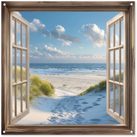 Gards Tuinposter Doorkijk Strand en Zee vanuit de Duinen - 120x80 cm