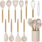 Set d'ustensiles de cuisine en Siliconen antiadhésif de 12 pièces avec Poignées en bois | Batterie de cuisine résistante à la chaleur avec cuisinière de stockage | Sans rayures, sans BPA, antiadhésif et facile à nettoyer – Beige