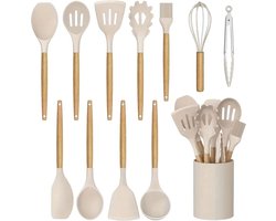 12-delige Non-Stick Siliconen Keukengerei Set met Houten Handvatten | Hittebestendig Kookgerei met Opbergkoker | Krasvrij, BPA-vrij, Anti-aanbak & Makkelijk Schoon te Maken - Beige 12-delige Non-Stick Siliconen Keukengerei Set met Houten Handvatten | Hittebestendig Kookgerei met Opbergkoker | Krasvrij, BPA-vrij, Anti-aanbak & Makkelijk Schoon te Maken - Beige