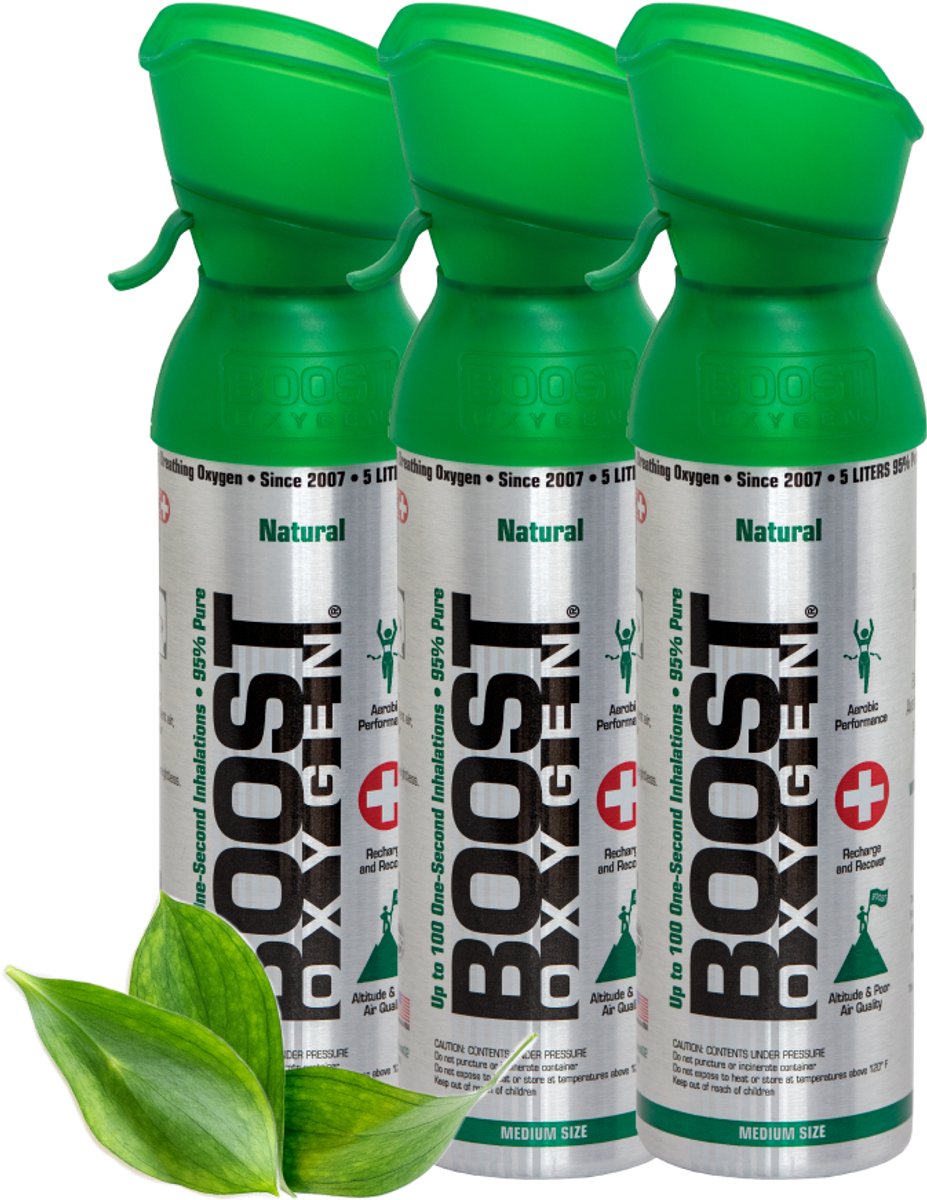 Boost Oxygen - Medium 5L - Natural - 95% Pure Zuurstof - Tot wel 300 inhalaties van 1 sec - Ademhalingsondersteuning voor sport herstel, hoogte, prestaties en gezondheid - 3x 5L (3 pak, 15L totaal)