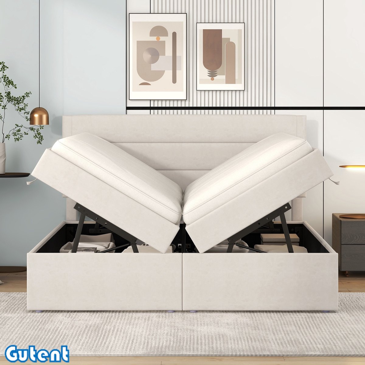 Gutent Tweepersoonsbed - 140x200cm - metalen frame met lattenbodem - extra opbergruimte - aan beide zijden te openen - Beige - Geen matras