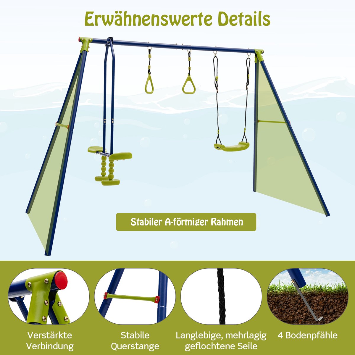 COSTWAY Schommelframe voor buiten, kinderen, 3-in-1, met 1 kant naar zicht, 2 ringen, 1 schommelbank, draagbaar, metaal, voor kinderen, belasting 200 kg, voor tuin, park, voor jongens en meisjes van 3 tot 10 jaar — afbeelding 3