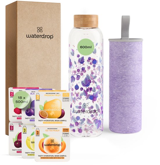 waterdrop® Starter Set Glas - 1 Gourde en Glas 600 ml + 18 comprimés effervescents Microdrink
