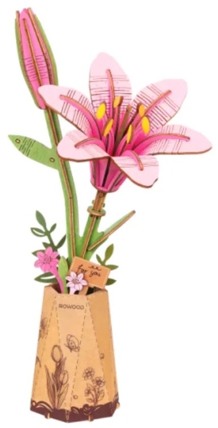 WiseGoods Premium Houten 3D Puzzel - Bouwpakket Roze Lelie Bloem - DIY Knutselpakket Volwassenen - Creatief En Decoratief - Hobby