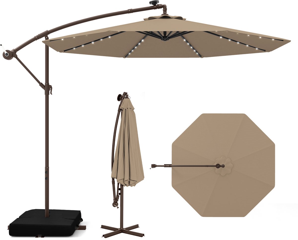 COSTWAY Tuinparasol met zandzakken, 300 cm parasol met 40 solar-LED-lampjes en zwengel, UV-bescherming, marktparasol, terrasparasol voor tuin, zwembad, terras