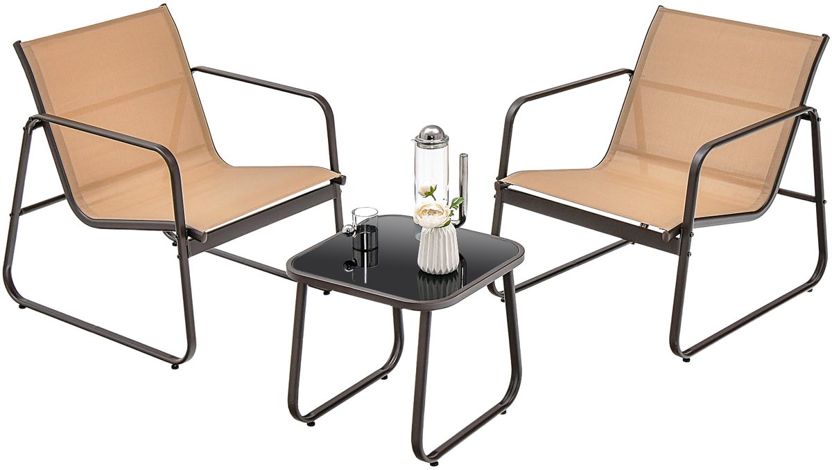COSTWAY 3-delige tuinmeubelset, balkonset met 2 stoelen en tafel, balkonmeubels met ademende stof, terrasmeubels, tuingarnituur, zitgroep voor terras, balkon, tuin, bruin