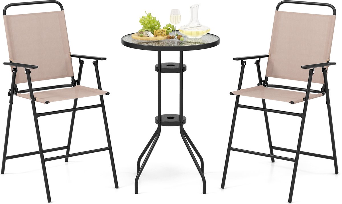 COSTWAY Bistrotafel met 2 inklapbare stoelen, 3-delige balkonmeubels, balkonset, tuinmeubelset, zitgroep, tuingarnituur voor tuin, balkon, zwembad, beige