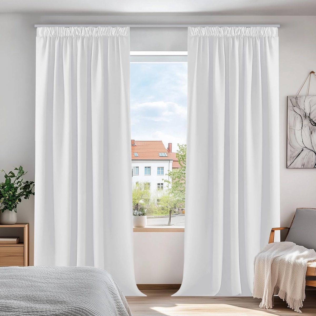 Famanu - Verduisteringsgordijnen Plooiband, Thermische Gordijnpanelen voor Woonkamer, Slaapkamer, Kant en Klaar, 140x175 cm (B x H), Grijswit, 2 stuks