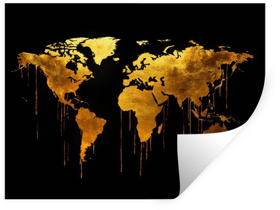 Muurstickers - Sticker Folie - Wereldkaart - Goud - Druipen - Zwart - 160x120 cm - Plakfolie - Muurstickers Kinderkamer - Zelfklevend Behang XXL - Zelfklevend behangpapier - Stickerfolie
