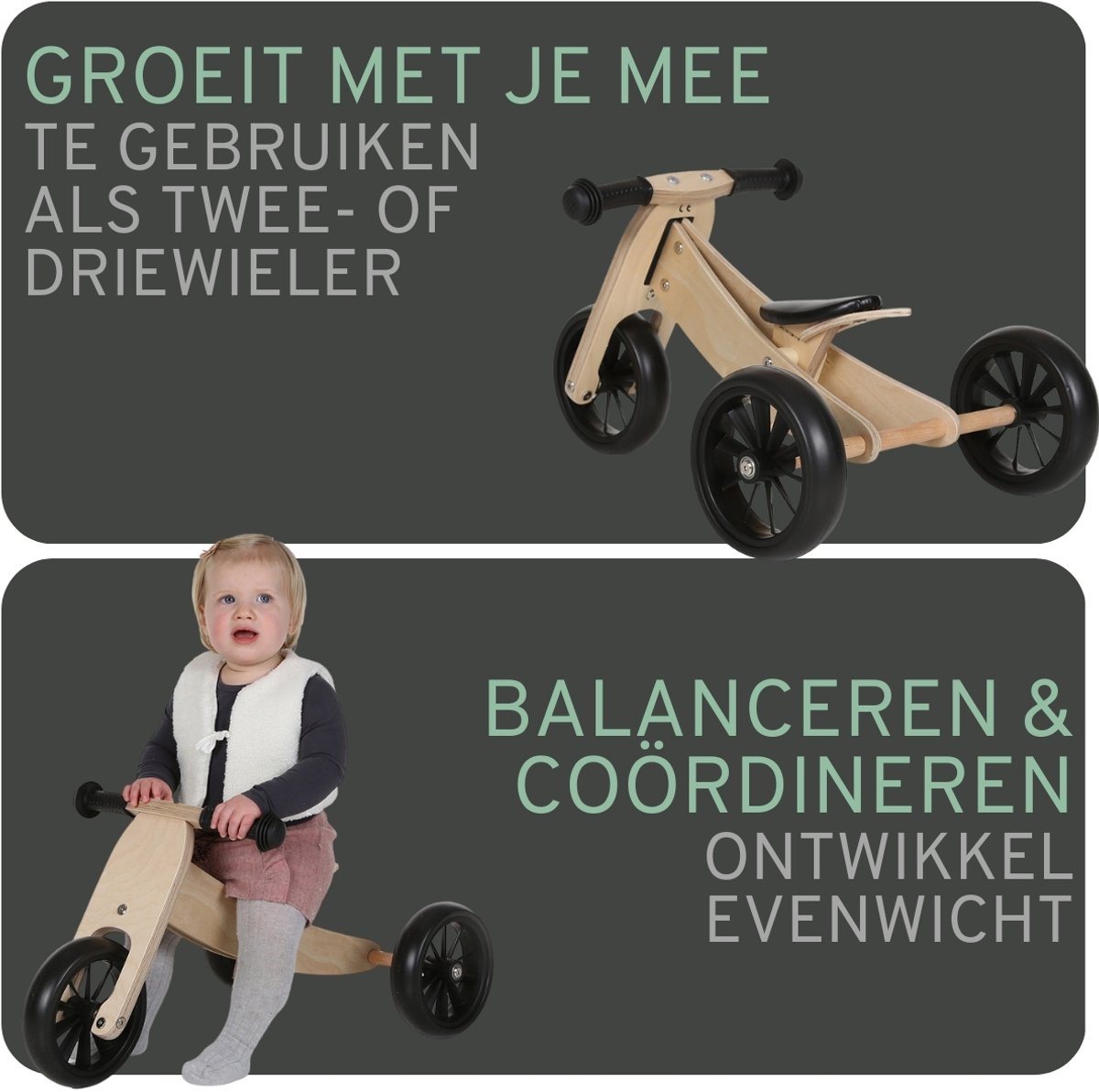 Bandits & Angels Smart Bike Loopfiets Hout 4-in-1 vanaf 1 jaar - Voor Jongens en Meisjes - Houten Loop Fiets - Omkeerbaar in Driewieler en Tweewieler - Verstelbaar Zadel — afbeelding 2