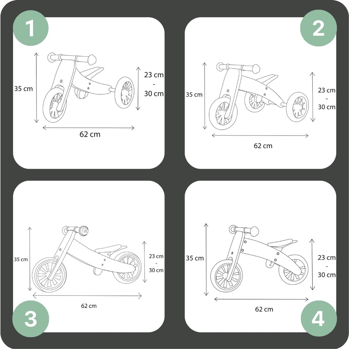 Bandits & Angels Smart Bike Loopfiets Hout 4-in-1 Zwart vanaf 1 jaar - Voor Jongens en Meisjes - Houten Loop Fiets - Omkeerbaar in Driewieler en Tweewieler - Verstelbaar Zadel — afbeelding 5