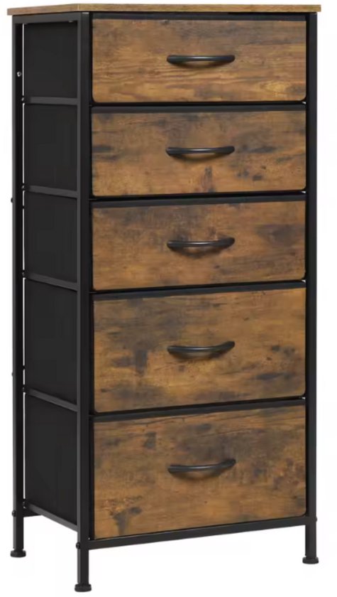 Commode 5 tiroirs - Buffet aspect bois Vintage et structure en métal - Pour chambre, salon ou couloir - Légère et robuste - Meuble de rangement avec plateau - 45,5 x 95,5 x 30 cm - Marron