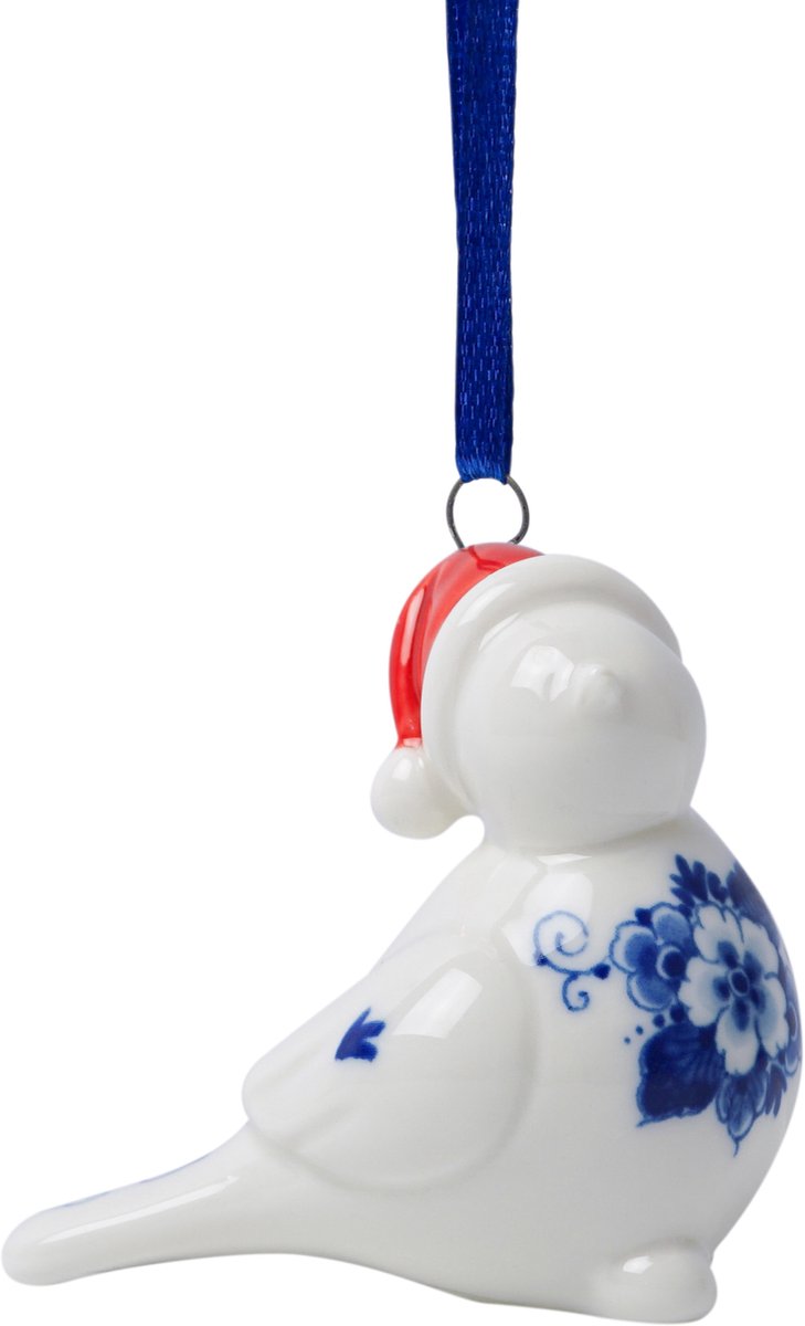 Kerstornament Vogel met kerstmuts - Links - Keramiek - 6 cm