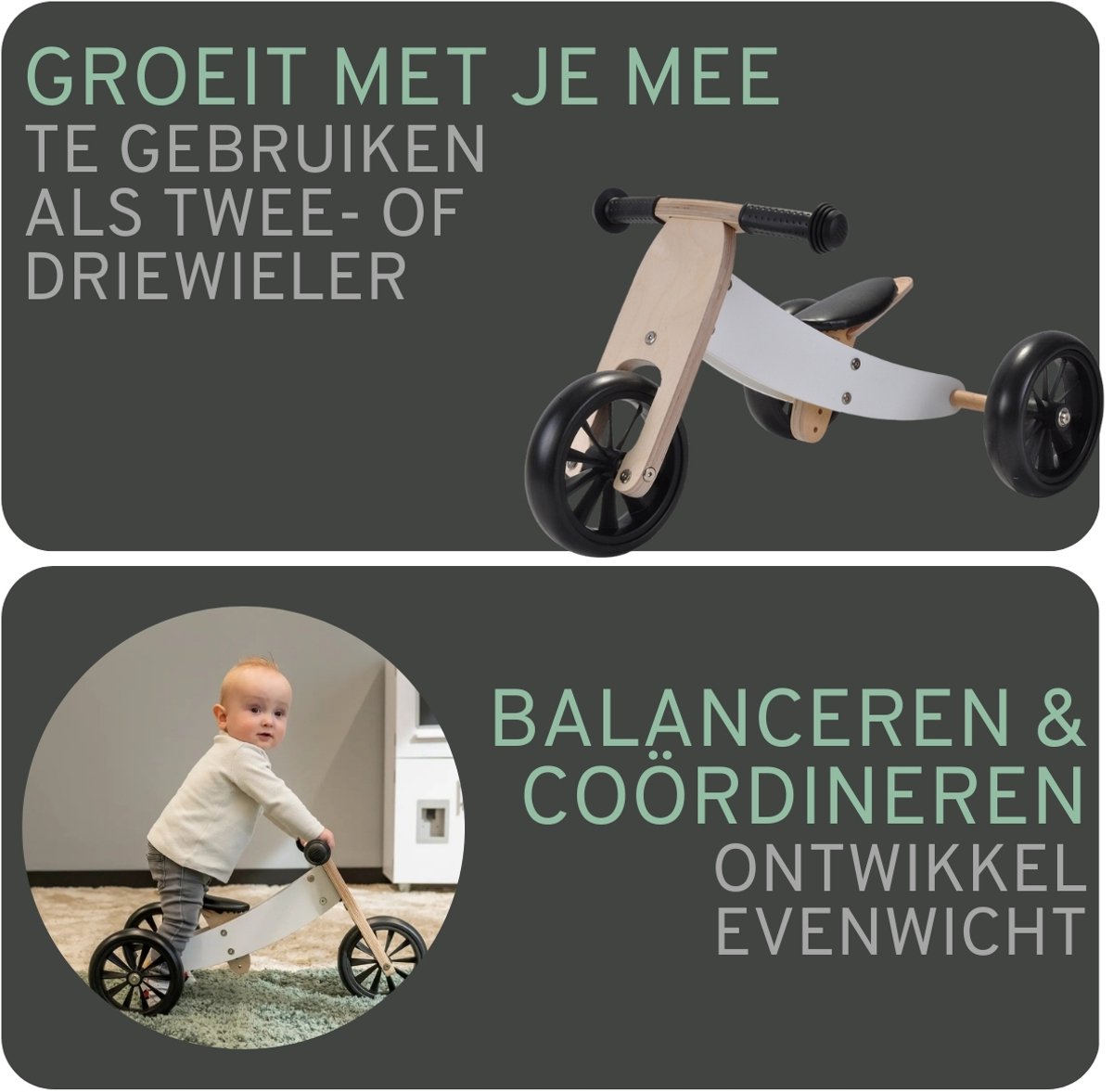 Bandits & Angels Smart Bike Loopfiets Hout 4-in-1 Wit vanaf 1 jaar - Voor Jongens en Meisjes - Houten Loop Fiets - Omkeerbaar in Driewieler en Tweewieler - Verstelbaar Zadel — afbeelding 5