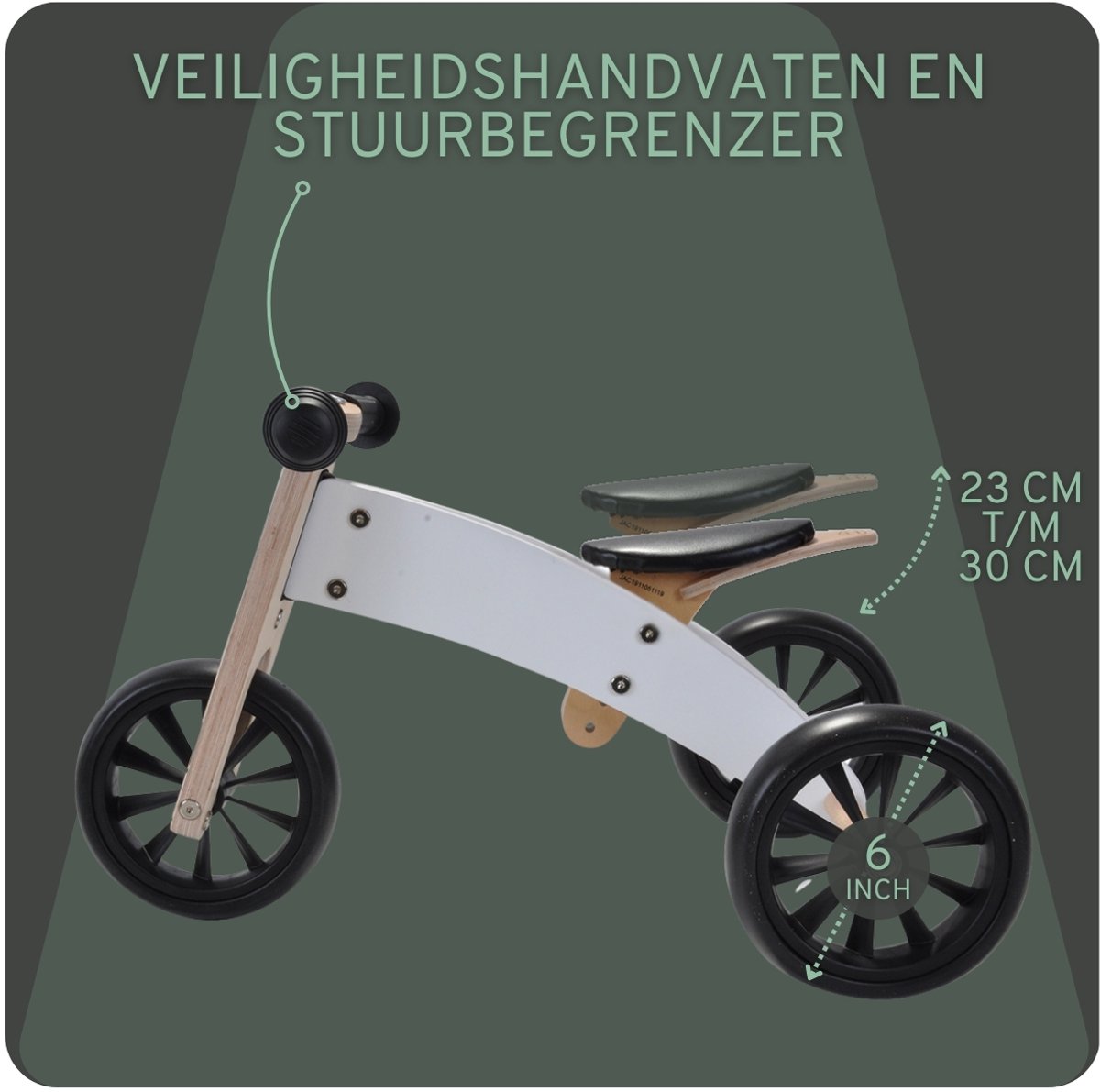 Bandits & Angels Smart Bike Loopfiets Hout 4-in-1 Wit vanaf 1 jaar - Voor Jongens en Meisjes - Houten Loop Fiets - Omkeerbaar in Driewieler en Tweewieler - Verstelbaar Zadel — afbeelding 7