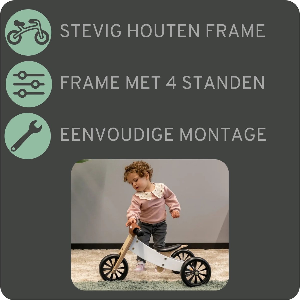 Bandits & Angels Smart Bike Loopfiets Hout 4-in-1 Wit vanaf 1 jaar - Voor Jongens en Meisjes - Houten Loop Fiets - Omkeerbaar in Driewieler en Tweewieler - Verstelbaar Zadel — afbeelding 6