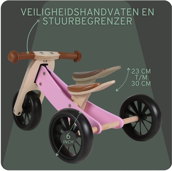 Bandits & Angels Smart Bike Loopfiets Hout 4-in-1 Retro Roze vanaf 1 jaar - Voor Jongens en Meisjes - Houten Loop Fiets - Omkeerbaar in Driewieler en Tweewieler - Verstelbaar Zadel van Bandits & Angels — afbeelding 2