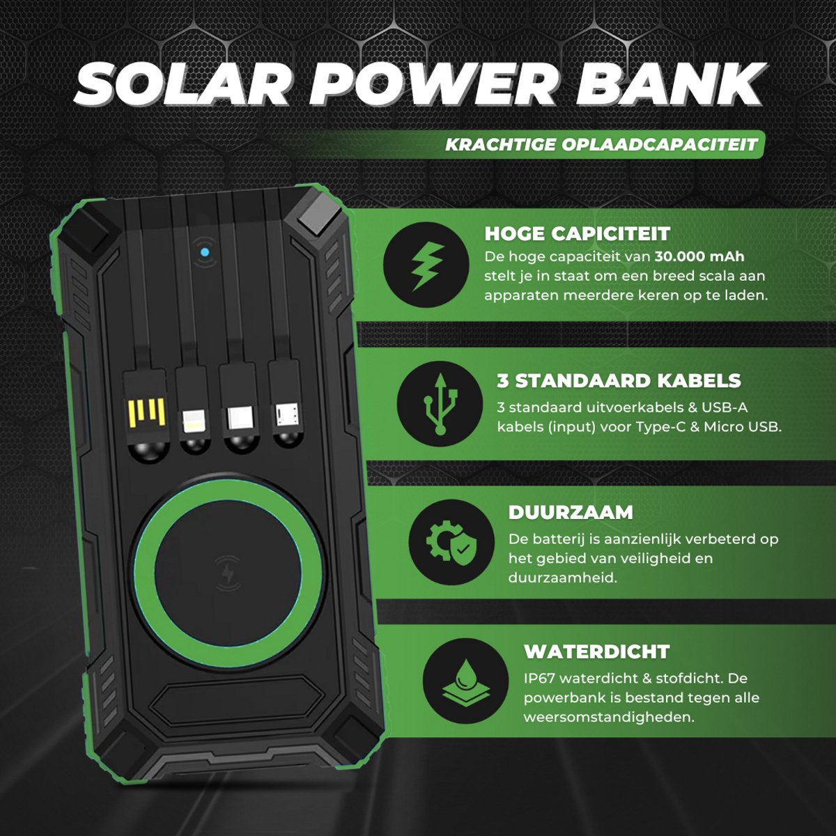 Solar Powerbank 30000mAh - Draadloos Opladen - Waterdicht en - afbeelding 2
