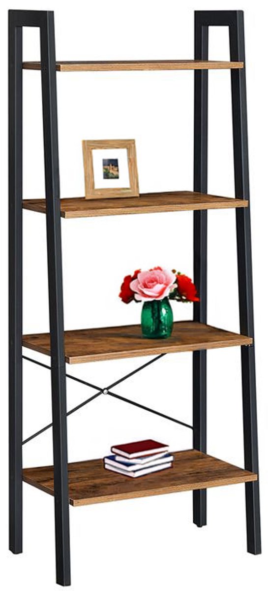 Homesy Ladderplank - staande plank - boekenplank - ladderplank - moderne ladderplank - hoge ladderplank - ladderplank voor opslag - 4 planken ladderplank - vintage bruin/zwart - 34 x 56 x 137,5 cm (D x B x H)