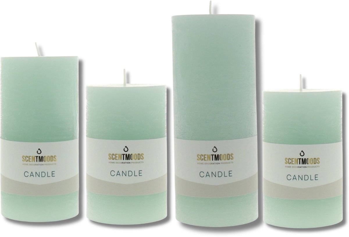 Scentmoods Rustieke Kaars Set Groen – Set van 4 Stompkaars en Dinerkaars voor een Natuurlijke Uitstraling