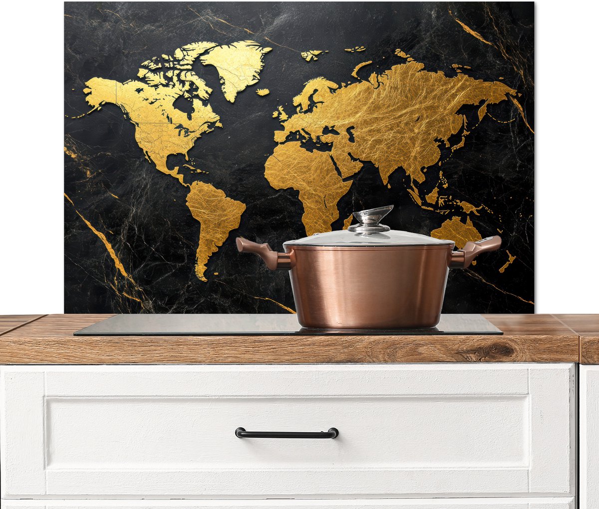 Spatscherm keuken 80x55 cm - Kookplaat achterwand Wereldkaart - Goud - Marmer print - Muurbeschermer - Spatwand fornuis - Hoogwaardig aluminium
