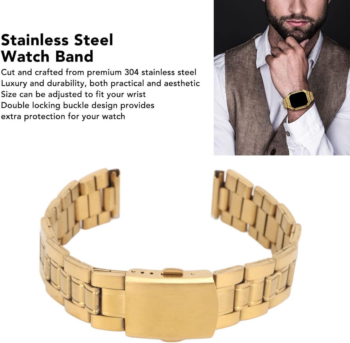 Dubbele Sluiting Gesp Roestvrijstalen Vervangende Horlogeband Gouden Bescherming voor Smartwatch Dames (18mm)