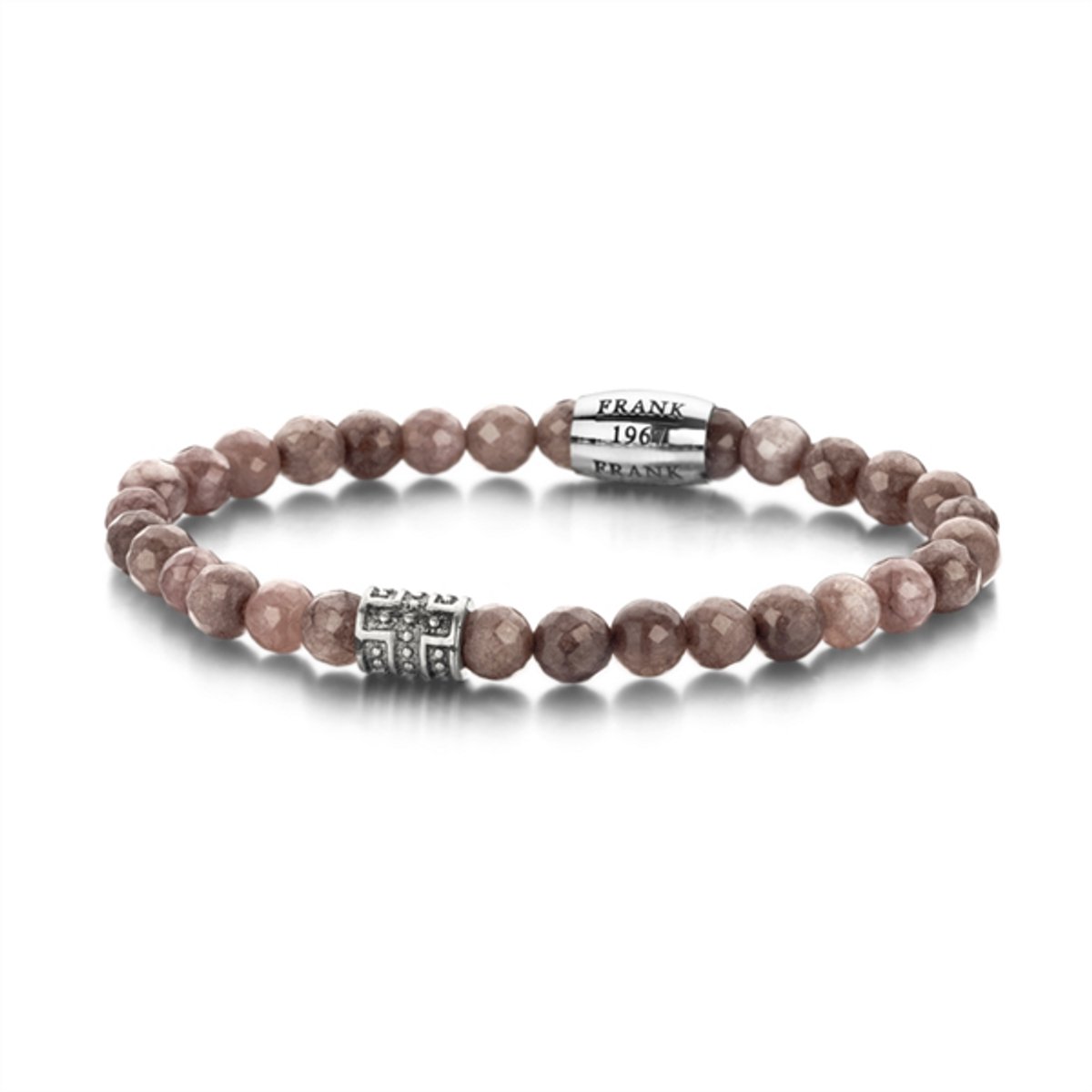 Frank 1967 7FB-0085 Rekarmband - stalen bead - Jade 6 mm - one-size - bruin / zilverkleurig