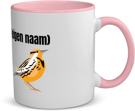 Akyol - oranje mus met eigen naam koffiemok - theemok - roze - Vogels - dieren liefhebber - iemand die houdt van mussen - verjaardag - cadeau - kado - geschenk - 350 ML inhoud