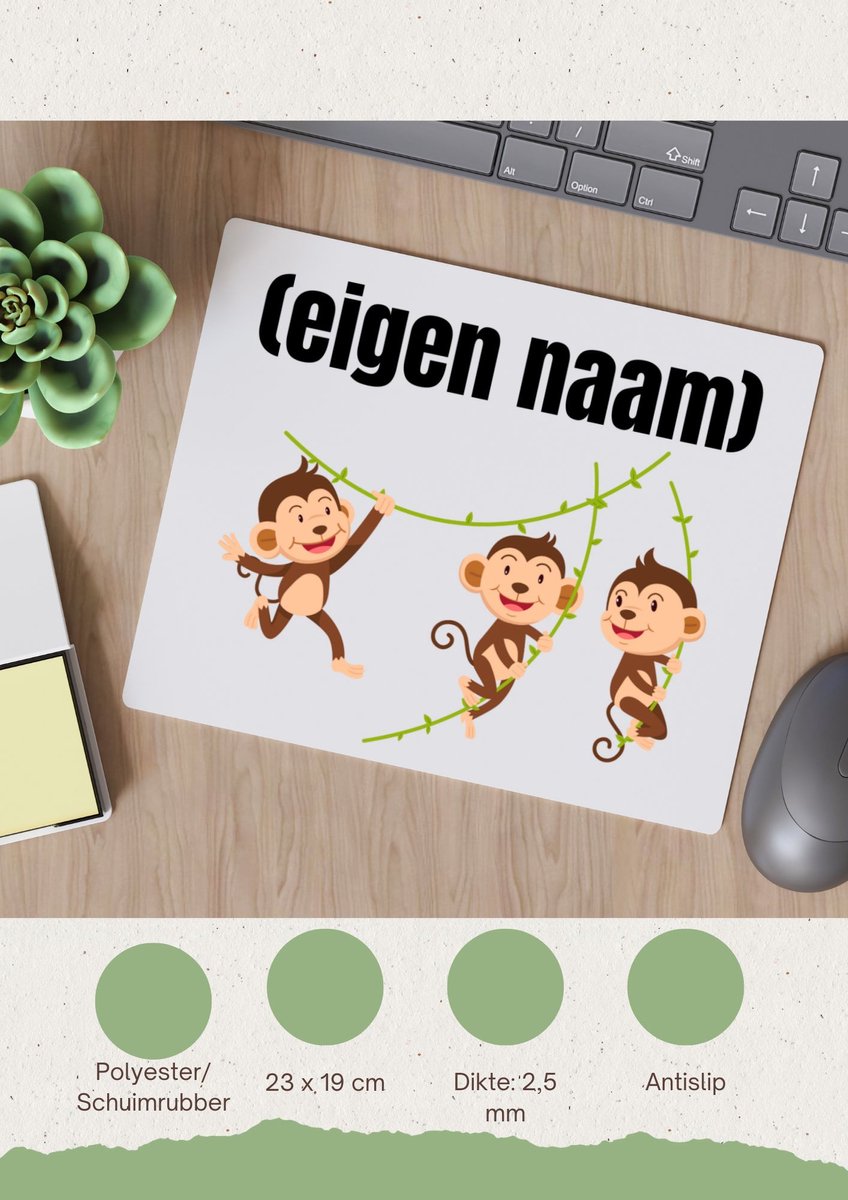 Akyol - slingerende aapjes met eigen naam Muismat - Aap - apen liefhebbers - iemand die houdt van apen - verjaardag - cadeau - kado - geschenk - 23 bij 19 cm