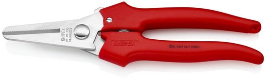 Rode Knipex combischaar met roestvrijstalen mes en gekartelde snede. Met het opschrift 'Do not cut steel'.