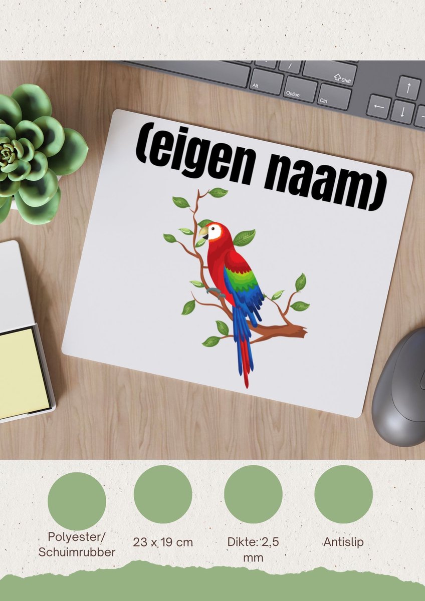Akyol - papegaai op een tak met eigen naam Muismat - Papegaai - papegaai liefhebbers - iemand die houdt van papegaaien - verjaardag - cadeau - kado - 23 bij 19 cm