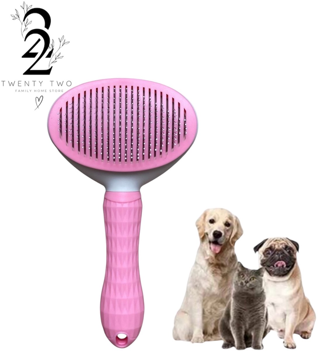 Twenty Two® Borstel voor honden/katten, zelfreinigende verzorgingsborstel voor dieren, verzorging en verwijdering van de ondervacht, dierenborstel, verwijdert 95% van de dode haren (roze)