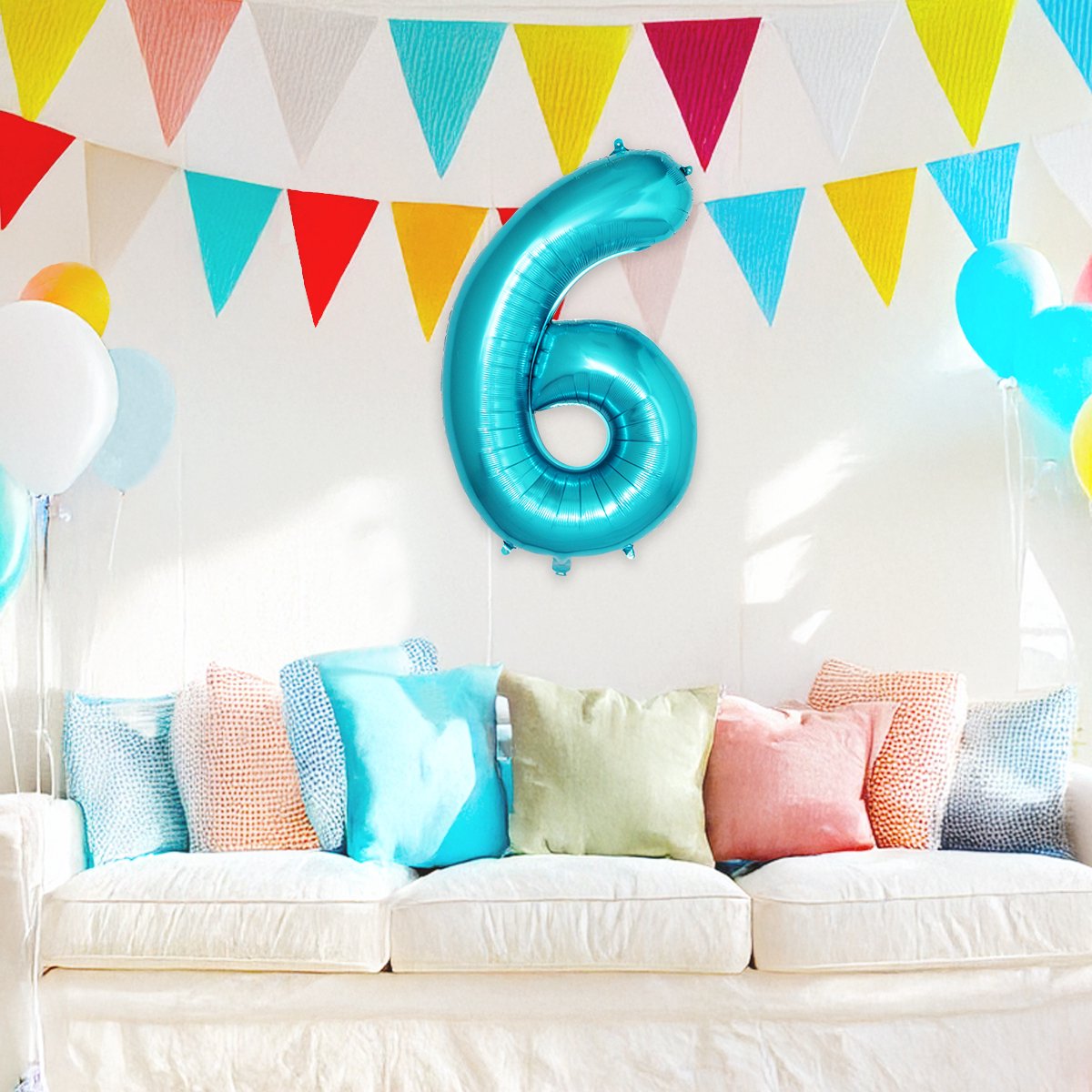 Folie Ballon Cijfer 6 Jaar Cijferballon Feest Versiering Folieballon Verjaardag Versiering Blauw XL 86Cm Met Rietje — afbeelding 4
