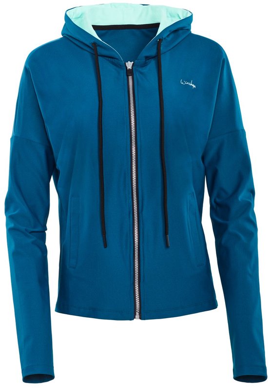 Petrolblauwe hoodie met rits, mintgroene capuchonvoering en het Winshape logo op de borst.