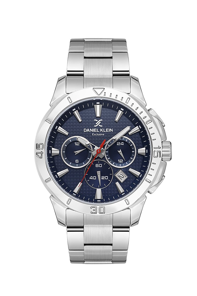 Daniel Klein DK.1.13892-2 - Horloge - Polshorloge - Analoog - Mannen - Heren - stalen band - Metaal - Overig - Datumaanduiding - 12-24H - Dual Time - Tweede Tijdzone - Strepen - Zilverkleurig - DonkerBlauw