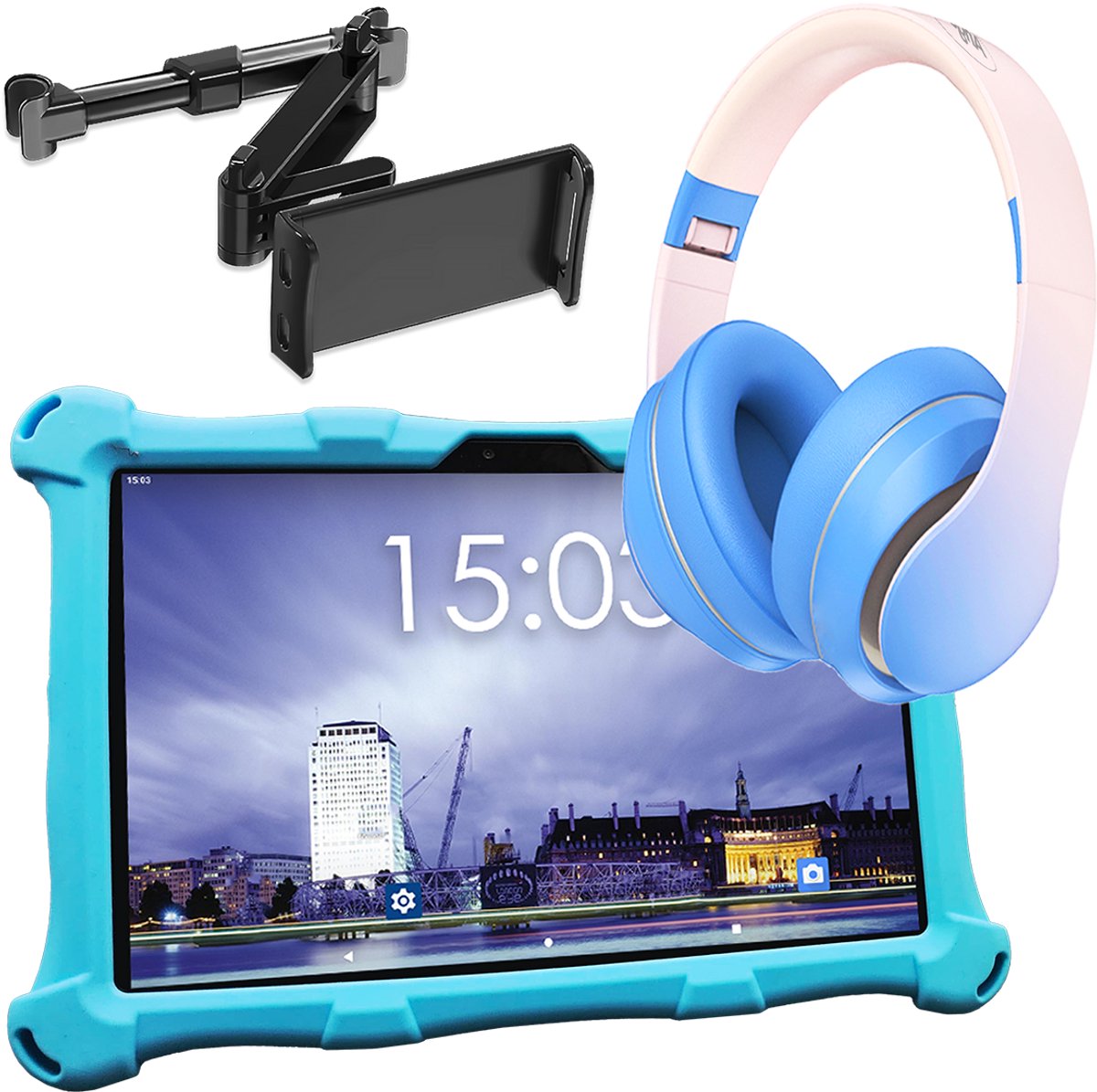 AngelTech Luxe OnderwegPakket XL – Kindertablet XL Blauw + Kinderkoptelefoon + Tablethouder - Kindertablet Vanaf 3 Jaar – Kinder Tablet – Kids Tablet - Tablet voor Kinderen