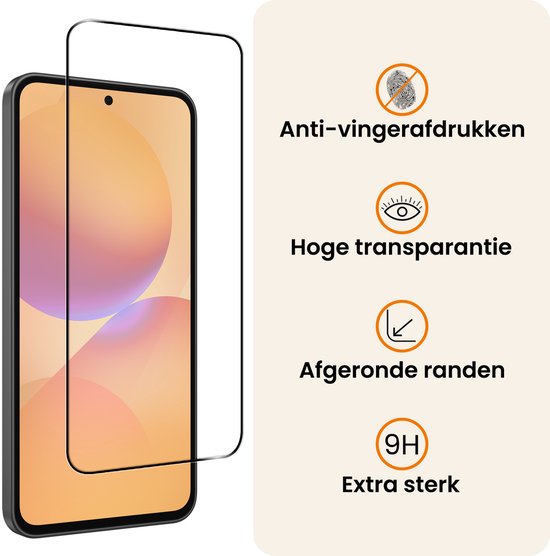Schermprotector met zwarte randen geplaatst op een smartphone. Anti-vingerafdrukken, hoge transparantie, afgeronde randen, extra sterk 9H.