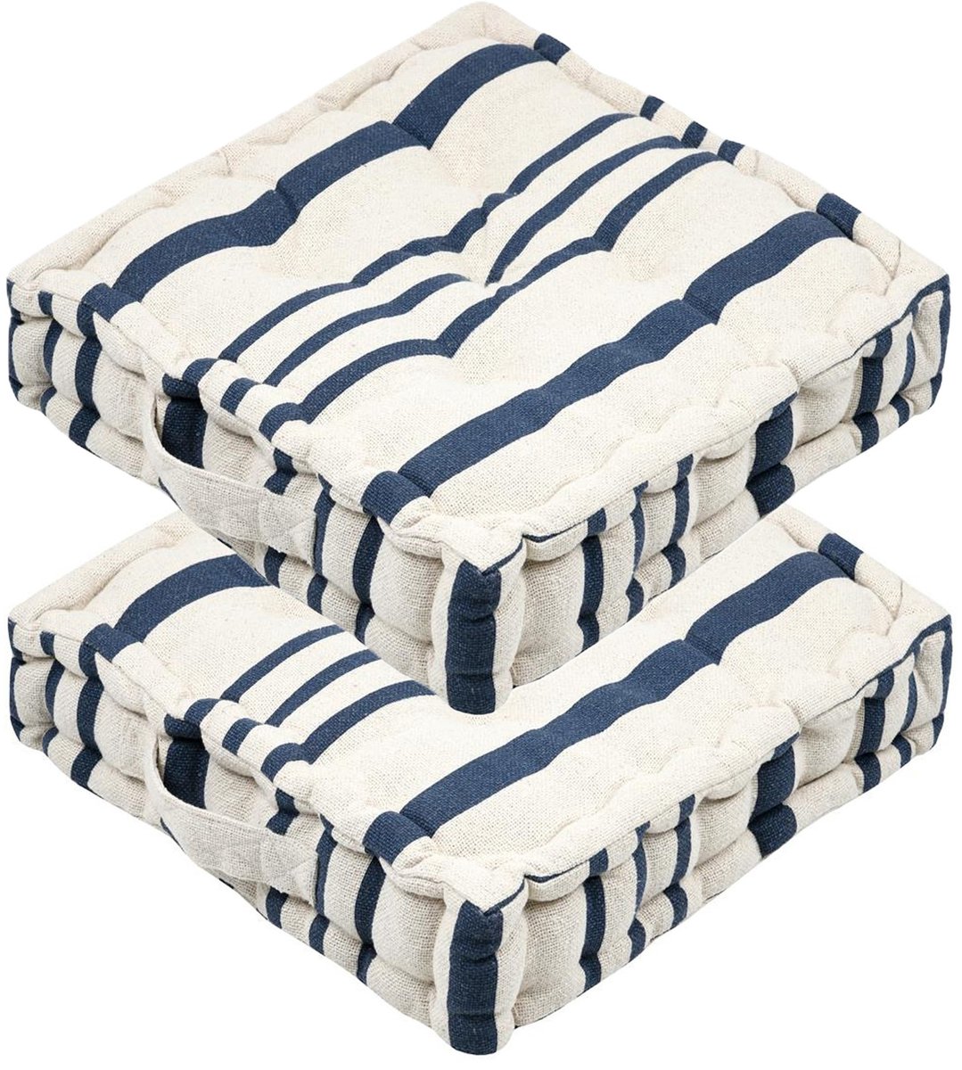 Stof Textile Vloerkussen Beach - 2x - creme wit/blauw - katoen - 45 x 45 x 10 cm - Extra dik - extra zitplaatsen - spelen - gamen - relaxen